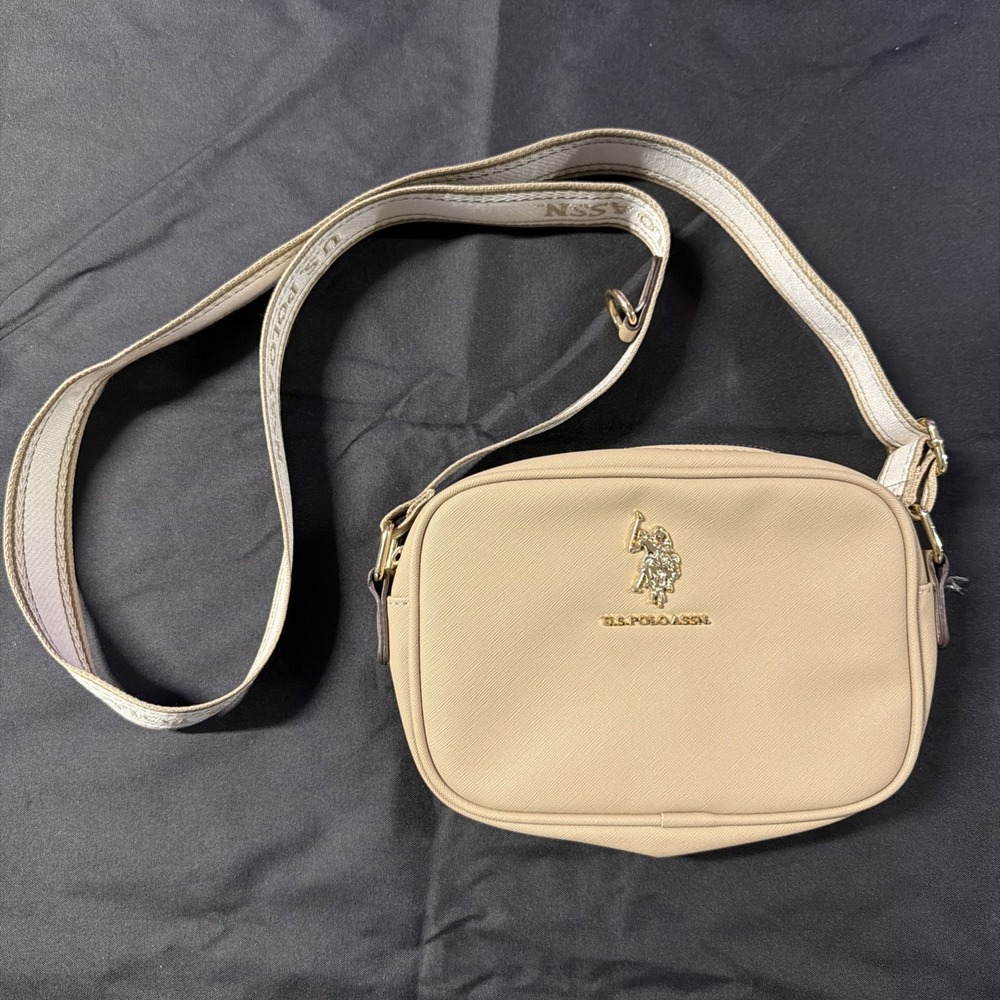 U.S. Polo Assn. Beige Crossbody Bag Gold Hardware Logo Zip Adjustable Strap